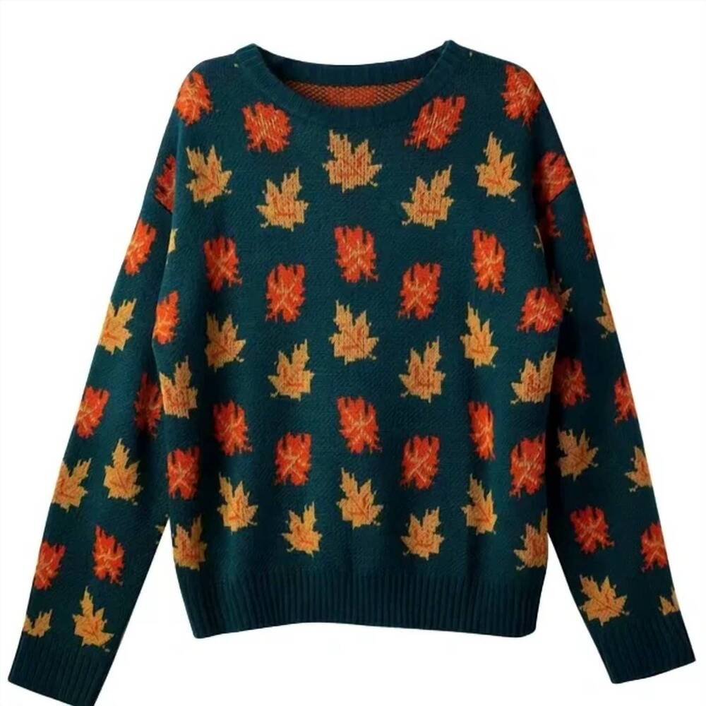 NEW 5TH CULTURE women's autumn leaf print crew neck sweater in green